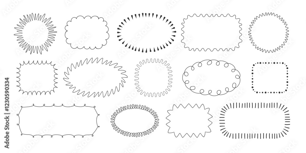Set of Doodle frames with curly, spiral, wavy, scalloped edges. Simple Black scribble line art frame collection. Template for invitation, card, scrapbook, label, Child creative design Set of Doodle frames with curly, spiral, wavy, scalloped edges. Simple Black scribble line art frame collection. Template for invitation, card, scrapbook, label, Child creative design