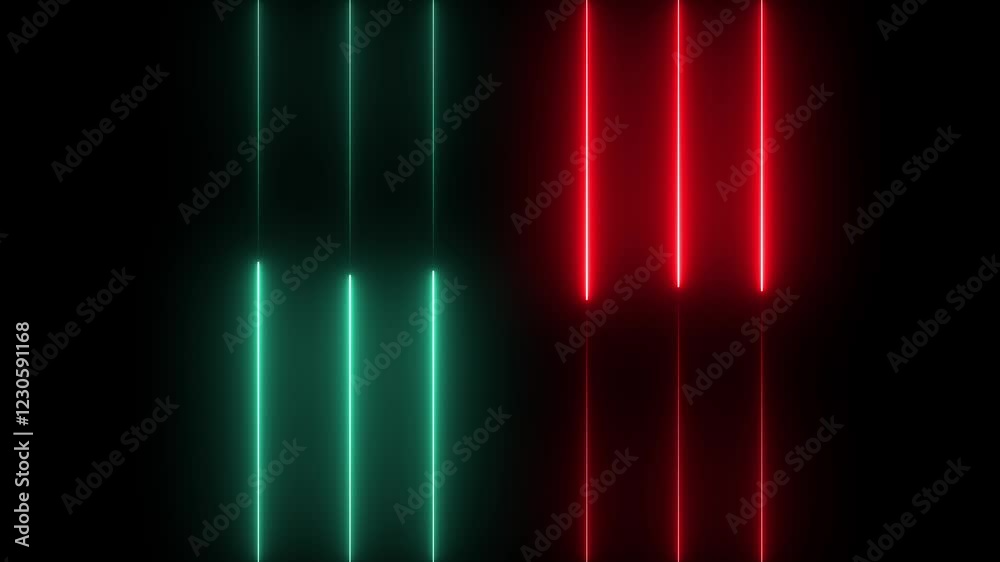 abstraction neon Lines moving up screen saver, background. Abstract red and cyan neon lights animated on a dark background.