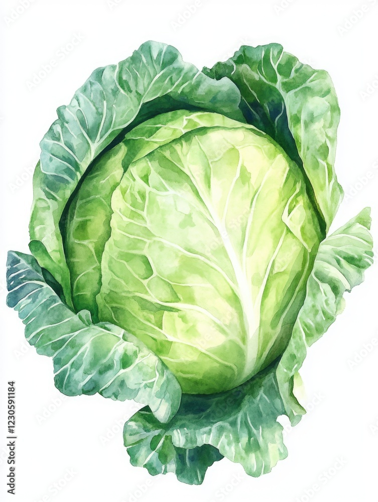 Obraz premium Fresh green cabbage with glossy leaves. Often used in cooking as a healthy and nutritious choice.