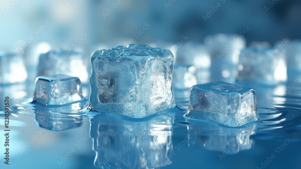 Fresh ice cubes melting on a reflective wet surface with scattered water droplets Fresh ice cubes melting on a reflective wet surface with scattered water droplets