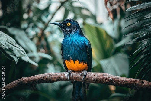 The Cape starling, also known as the red-shouldered glossy-starling or Cape glossy starling (Lamprotornis nitens), perched on a branch. This metallic blue bird features orange eyes against a light photo