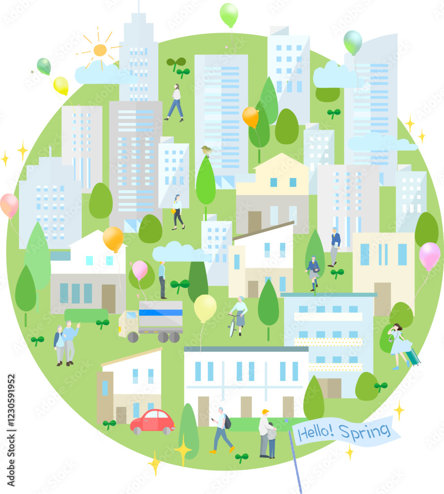 spring urban scene -people in the city-sustainable city and eco-friendly town vector illustration backgrouond