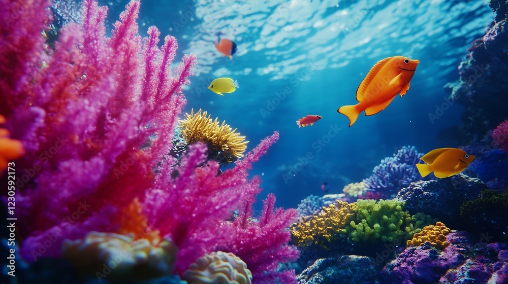 Naklejka premium Vibrant Coral Reef: Underwater Scene with Colorful Fish