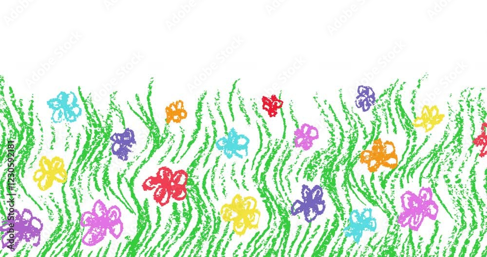 Moving cartoon green blooming summer meadow field copy space. Crayon or pencil like child`s hand drawn doodle simple colorful grass and flowers. Alpha channel 4K animation background scene