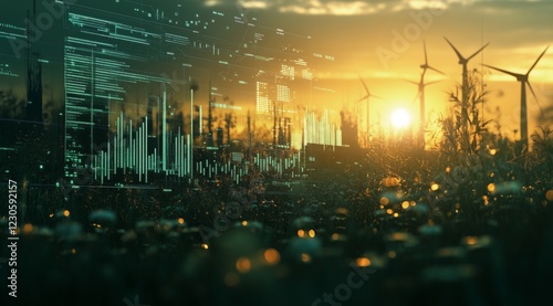 Wind turbines generate renewable energy at sunset with digital data overlay