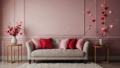 Elegant living room with a beige sofa adorned with red and pink pillows, heart-shaped decorations, and fresh flowers in a vase. A romantic and stylish interior design photo