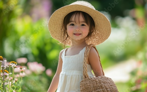 Young girl in a wide-brimmed hat enjoying a sunny day in a vibrant garden fil...