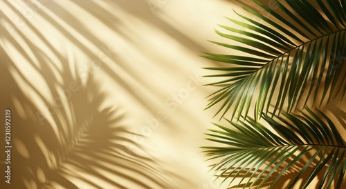 Palm leaves casting intricate shadows on warm yellow wall in tranquil indoor ...