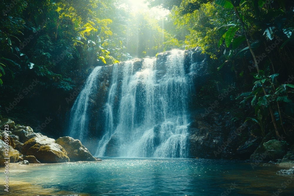 Waterfall in tropical forest with sunlight and mist Waterfall in tropical forest with sunlight and mist