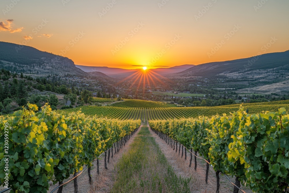 Fototapeta premium Sunset over vineyard in a rural valley