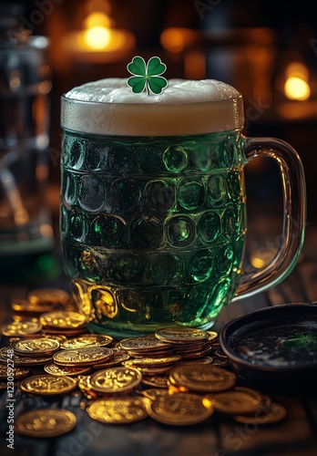 Refreshing green beer with a clover decoration beside gold coins in a dimly l...