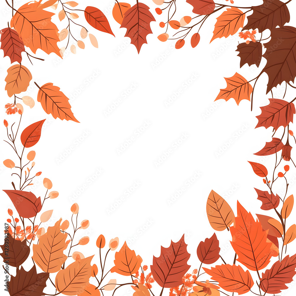 Fall border, frame with Autumn decorative leaves. Orange, brown and red foliage drawing in flat style. Fall season backdrop with forest leafage Fall border, frame with Autumn decorative leaves. Orange, brown and red foliage drawing in flat style. Fall season backdrop with forest leafage