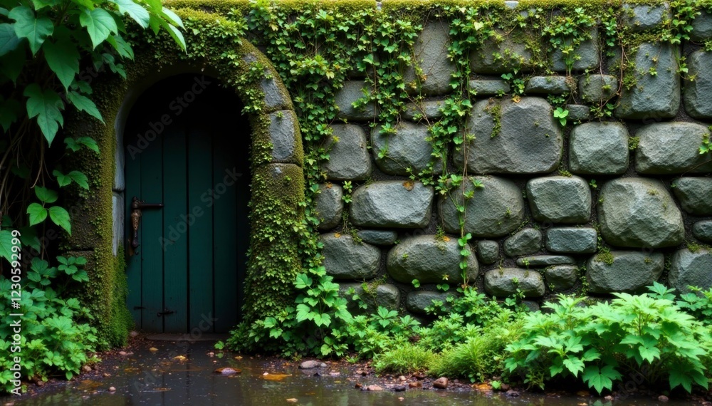 Wet stone walls covered in vines and small plants, botanicals, plant growth, moss Wet stone walls covered in vines and small plants, botanicals, plant growth, moss