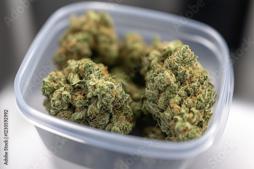 Marijuana Buds in Container: Close-up shot of several buds of marijuana in a clear plastic container. The image is sharply focused, showcasing the green hues and textures of the cannabis flowers.