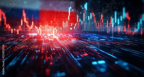 Visualization of digital data trends with abstract graphics in blue and red c...