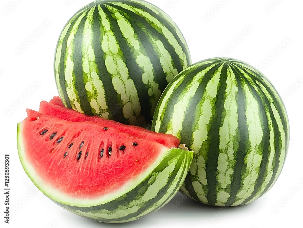 Juicy Watermelon Slices and Whole Fruits on White Background Juicy Watermelon Slices and Whole Fruits on White Background