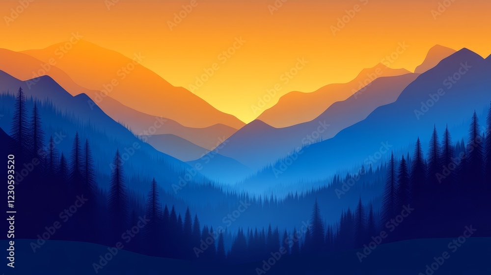 Fototapeta premium Serene sunset over layered mountains with silhouettes of pine trees in the foreground