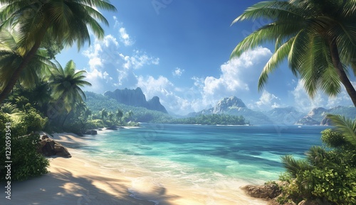 Vibrant tropical beach with palm trees and clear blue water under a sunny sky