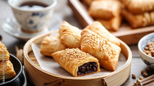 Chinese bean pastry types, red bean paste pastry, mung bean pastry, Chinese desserts, bean paste filling, traditional Chinese sweets, regional Chinese pastries. Chinese bean pastri photo