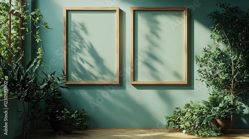 Two vertical wooden frames on a green wall, d with plants and minimalist decor. 3D rendering photo