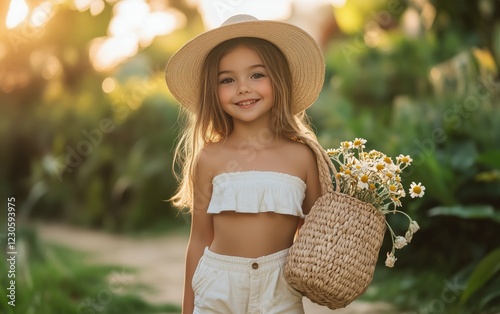 Young girl enjoying a sunny day in a garden wearing a hat and holding a baske...