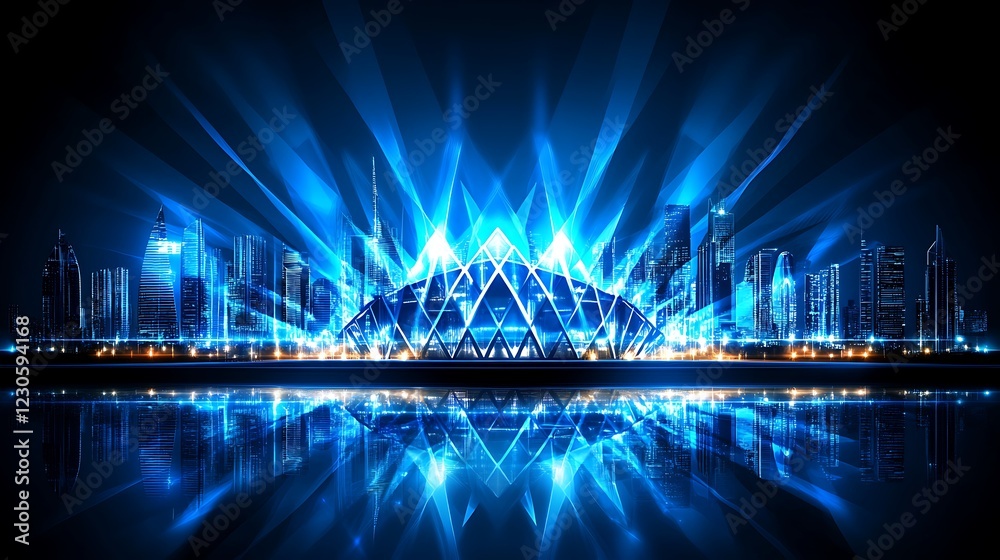 Fototapeta premium City skyline glows blue light with reflective surface
