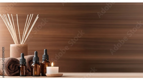 This tranquil spa environment features candles, essential oils, and towels, creating a peaceful atmosphere for relaxation and self-care
