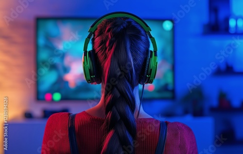 Engaging gamer focused on screen in a vibrant gaming setup at home