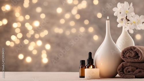 This tranquil spa environment features candles, essential oils, and towels, creating a peaceful atmosphere for relaxation and self-care