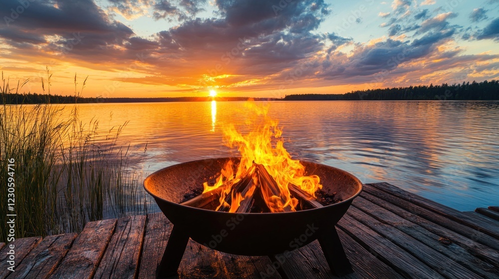 Sunset Bonfire Lakeside Peaceful Evening Scene Sunset Bonfire Lakeside Peaceful Evening Scene