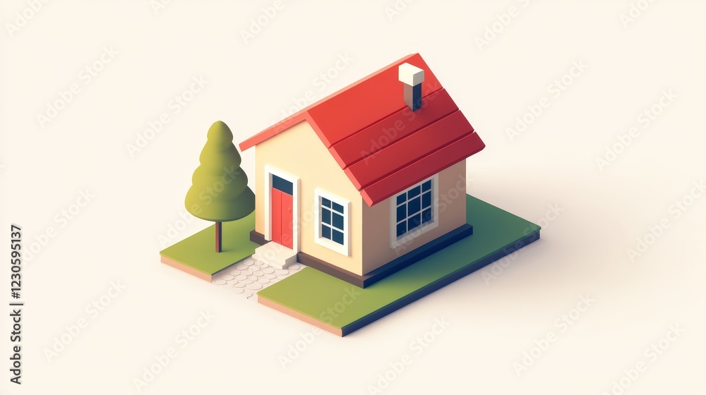 A charming isometric view of a small house with a red roof, complemented by green landscape features. This delightful illustration captures the essence of cozy living. A charming isometric view of a small house with a red roof, complemented by green landscape features. This delightful illustration captures the essence of cozy living.