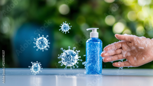 Washing Hands to Prevent COVID-19: Soap, Warm Water, and Hand Sanitizer Illustrate the essential practice of washing hands with soap and warm water to prevent the spread of coronav photo