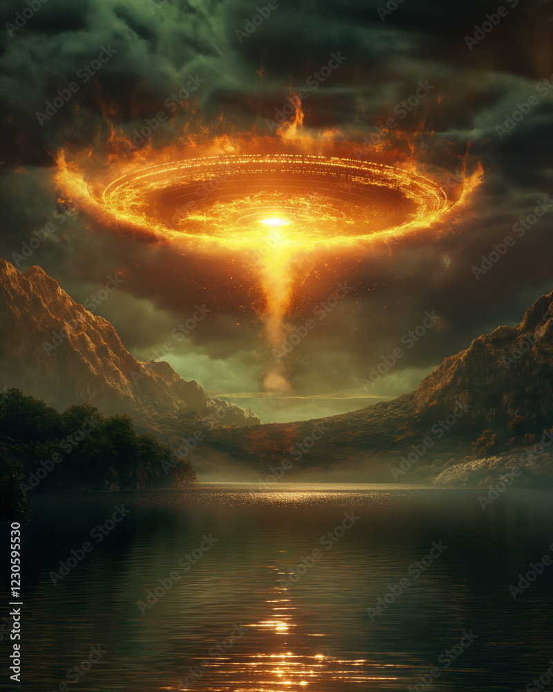 Fototapeta premium A UFO with a brightly glowing central part descend_011
