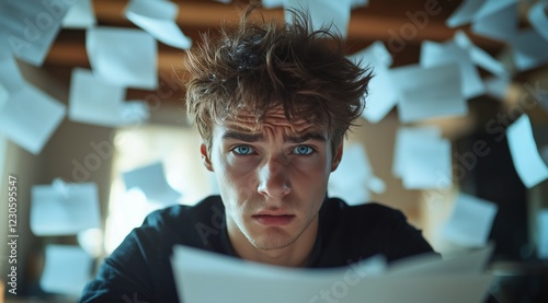 Young student focused on studies amidst flying papers in a cozy room during t...
