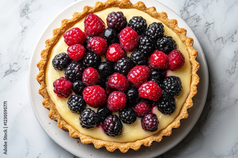 Fruit tart with raspberries and blueberries on a white plate Fruit tart with raspberries and blueberries on a white plate