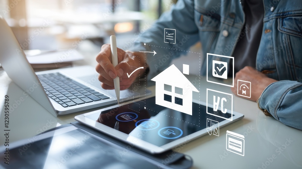 Naklejka premium Smart Home Technology: Digital House Management on Tablet