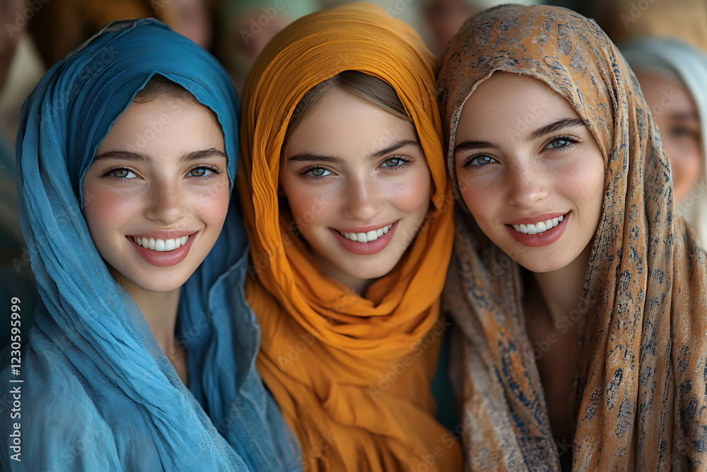 A diverse group of women from different cultures, dressed in vibrant traditional clothing, standing together with joyful expressions. A diverse group of women from different cultures, dressed in vibrant traditional clothing, standing together with joyful expressions.
