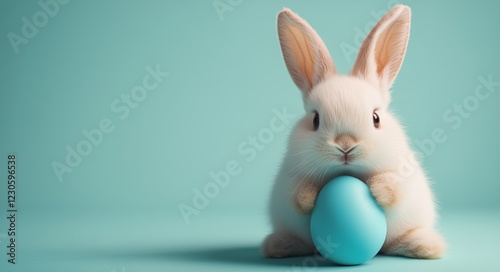 Cute white bunny holding a light blue egg on a pastel background for spring c...