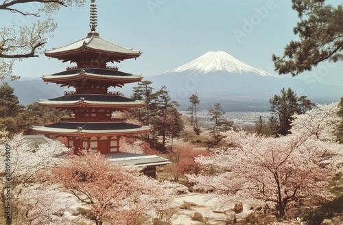 Cherry blossoms bloom near a pagoda with Mount in the background during sprin...