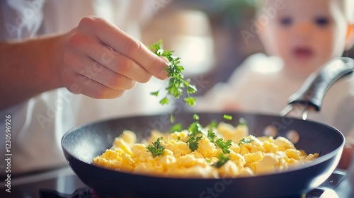 A hotel chef sprinkles fresh parsley into a hot frying pan containing scrambled eggs. He is cooking breakfast in the kitchen.