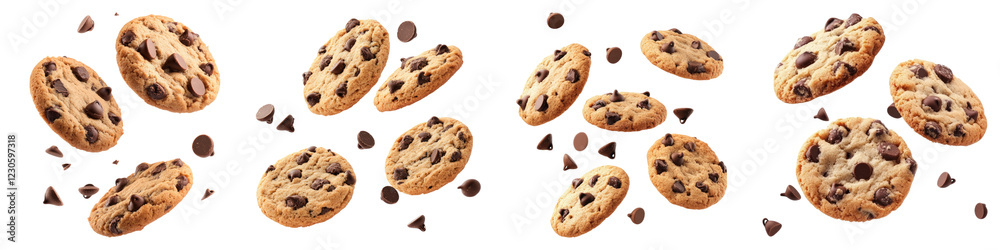 Flying chocolate chip cookies isolated on transparent background, PNG, set of Flying chocolate chip cookies isolated on transparent background, PNG, set of
