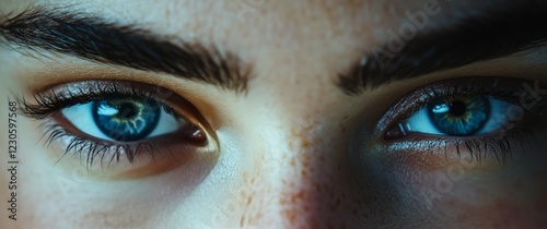 Close-up of vibrant blue eyes showcasing detailed textures and unique express...