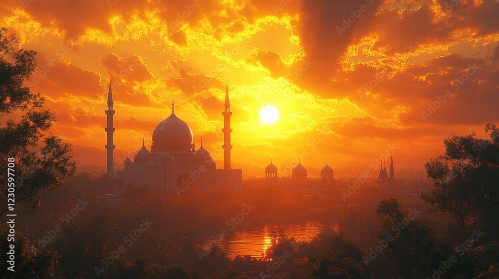 Fototapeta premium Majestic Mosque Sunset Golden Sky Silhouette