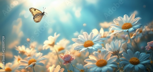 Colorful butterfly flying above blooming daisies in soft sunlight at a serene...