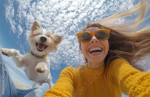 Joyful moment shared between a woman and her dog on a sunny day outdoors photo