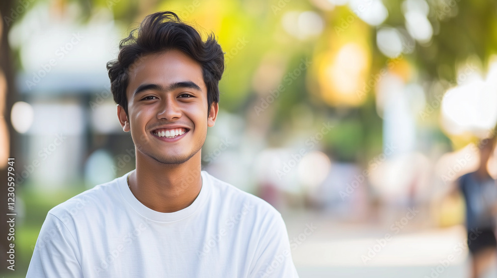 A smiling young man with a confident expression and casual outfit captures the essence of approachability and charm. His carefree attitude and positive demeanor create an inviting A smiling young man with a confident expression and casual outfit captures the essence of approachability and charm. His carefree attitude and positive demeanor create an inviting