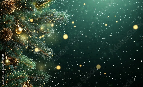 Garland-covered Christmas tree branch appearing in front of a green background