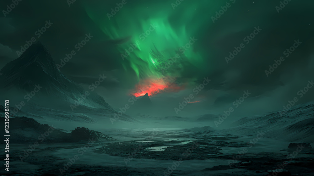 Naklejka premium A beautiful green and red aurora dancing over the hills. Aurora Lagoon. Illustration