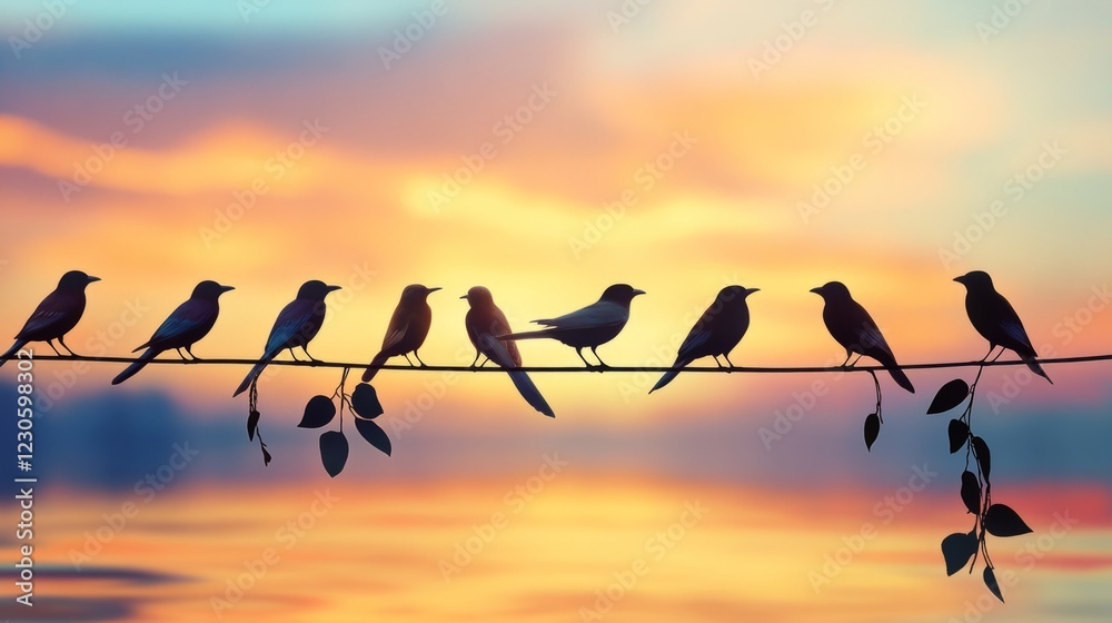 A serene scene of birds silhouetted on a wire, set against a colorful sunset sky with reflections on the water. A serene scene of birds silhouetted on a wire, set against a colorful sunset sky with reflections on the water.