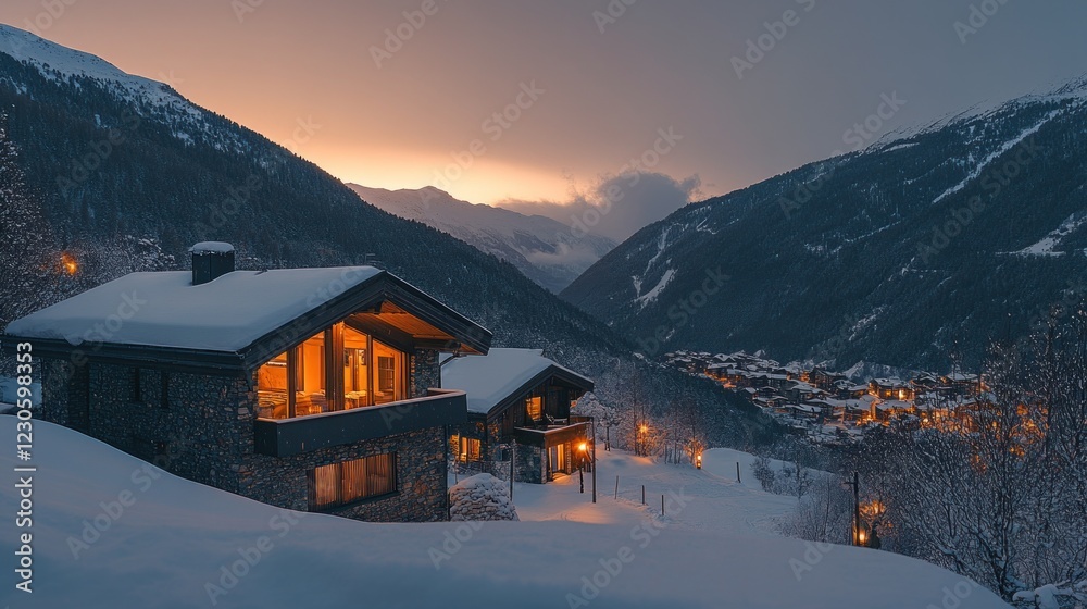 Fototapeta premium Mountain Chalets Illuminated During Sunset Snowfall